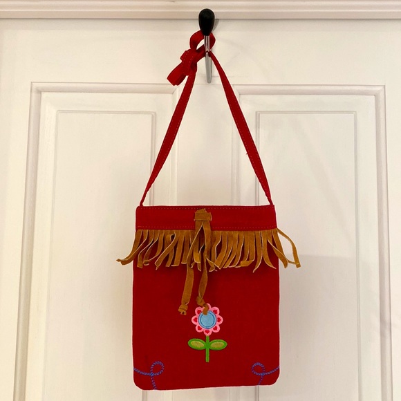 Small Red Denim w Suede Fringe & Embroidered Flower Crossbody Shoulder Bag NWOT - Picture 14 of 16